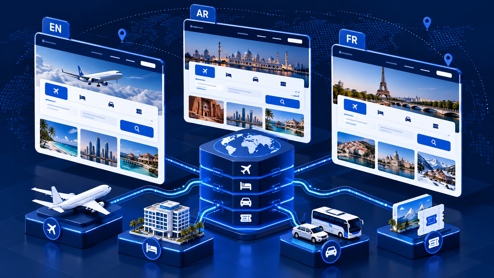 Isometric multilingual booking stack with shared inventory core across language storefronts
