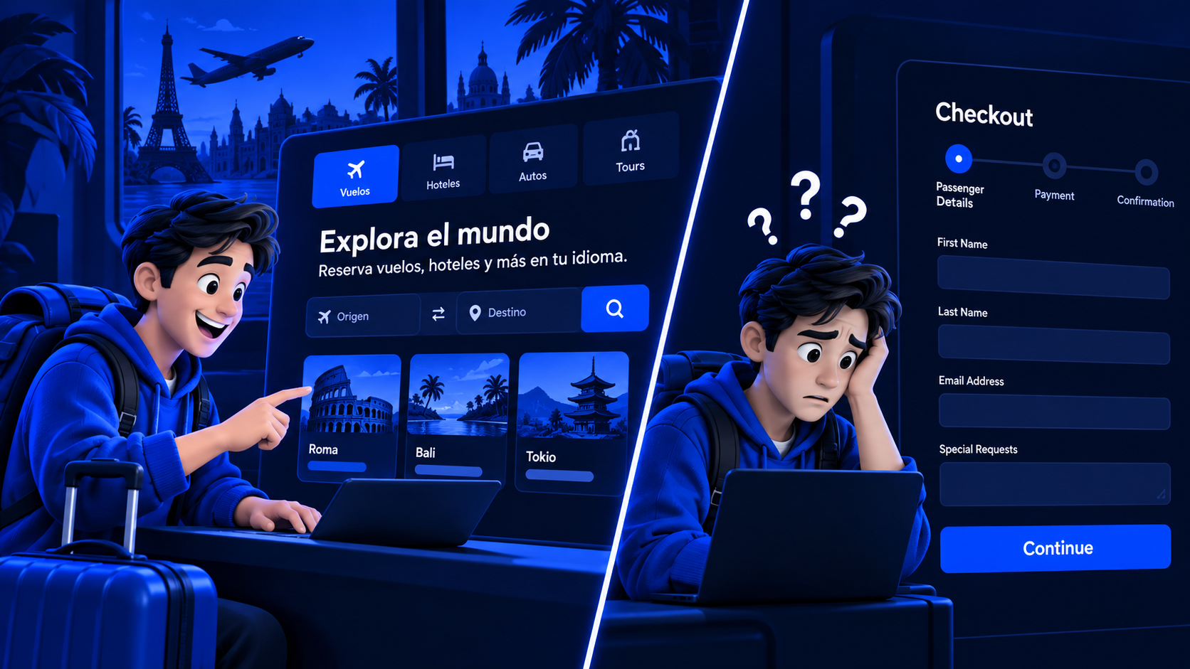 Traveler happy on translated homepage then confused at English-only checkout