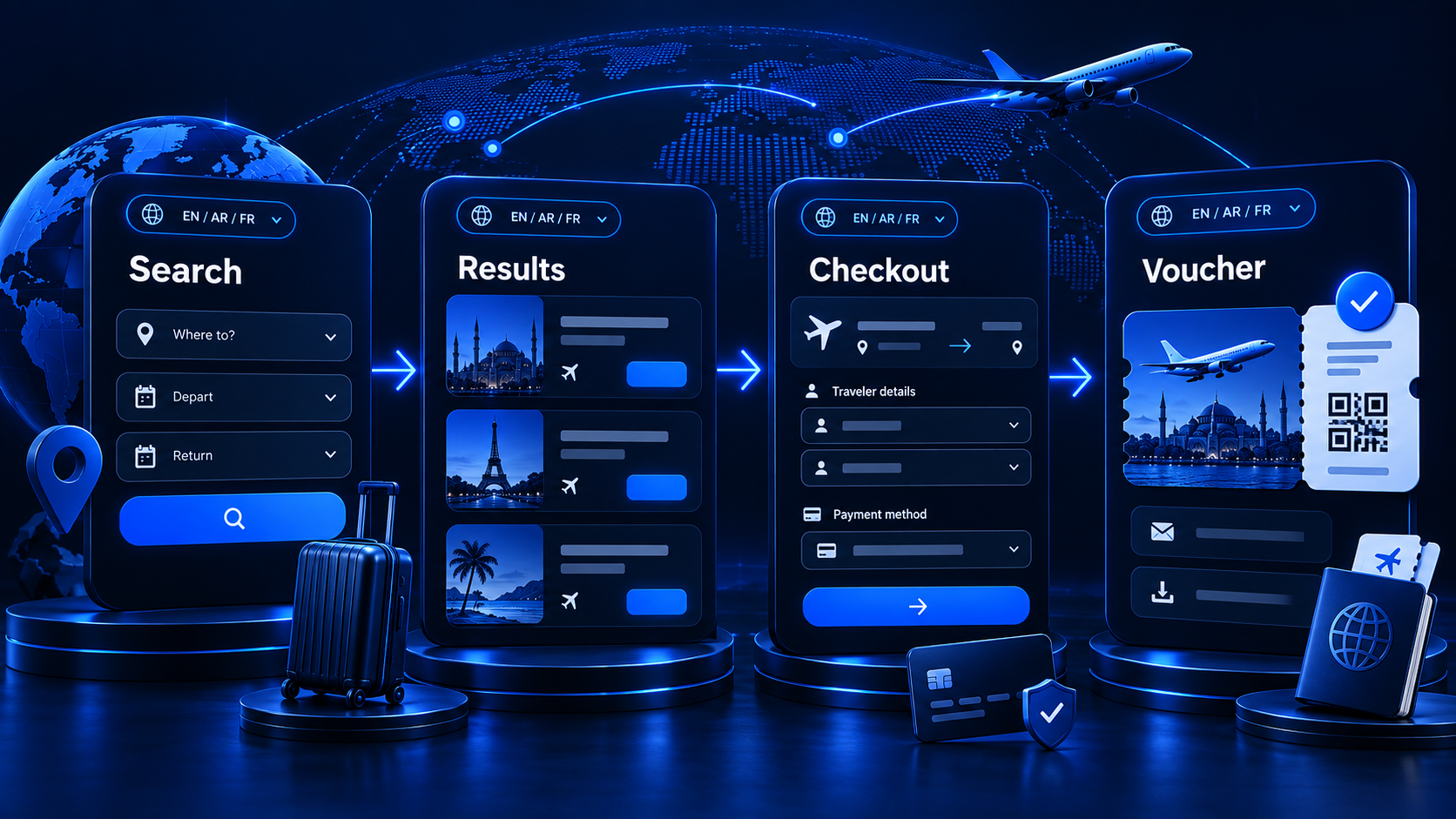 Booking journey diagram with persistent language locale from search to voucher