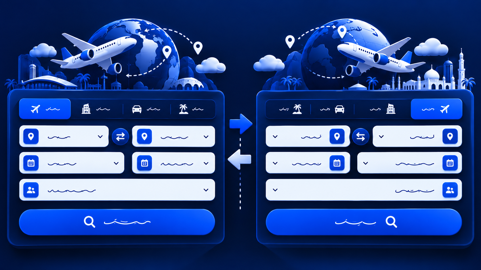 Side-by-side LTR and RTL travel booking form layouts