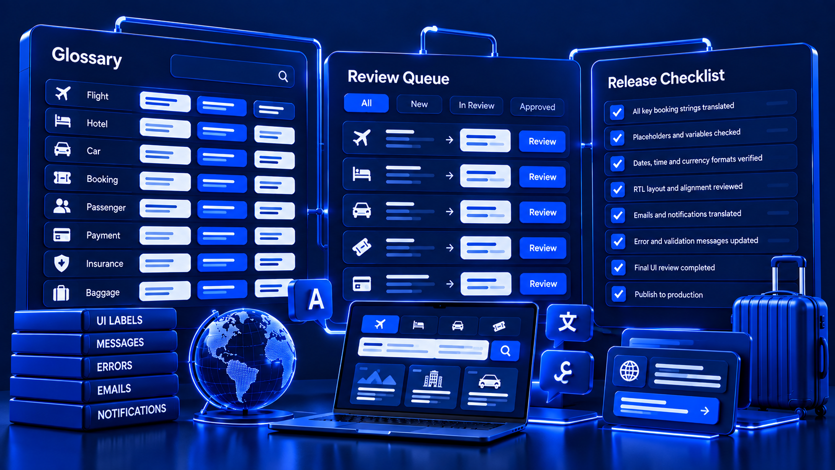 Content operations board for travel translation glossary and release QA