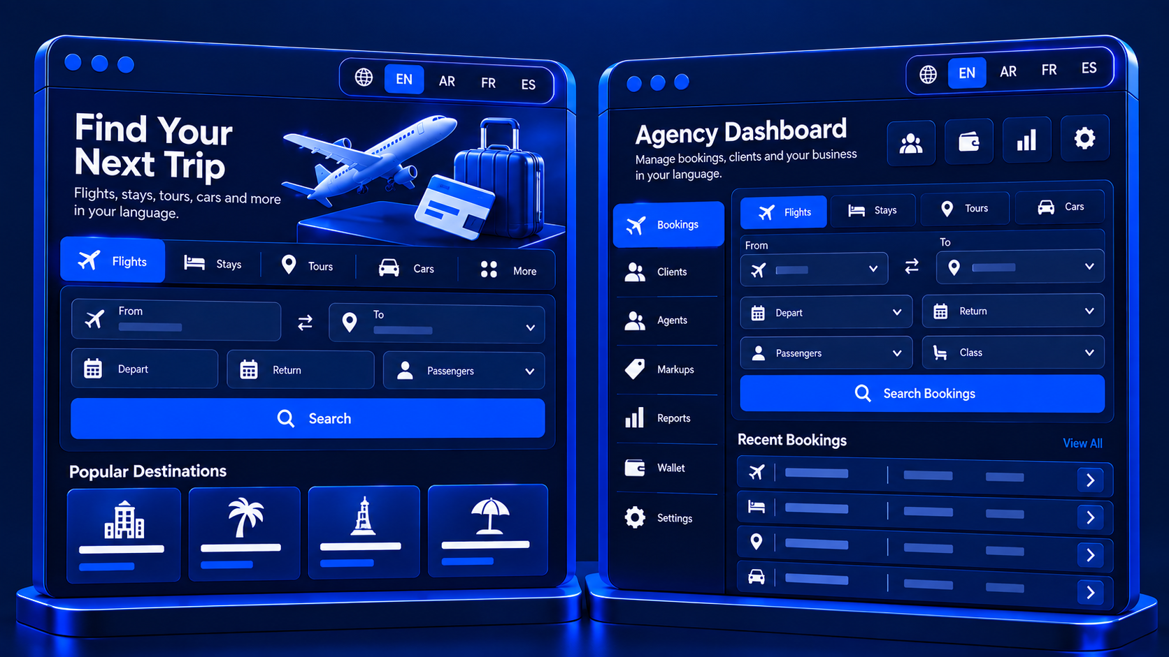 Travel portal mock with language switcher on B2C and B2B