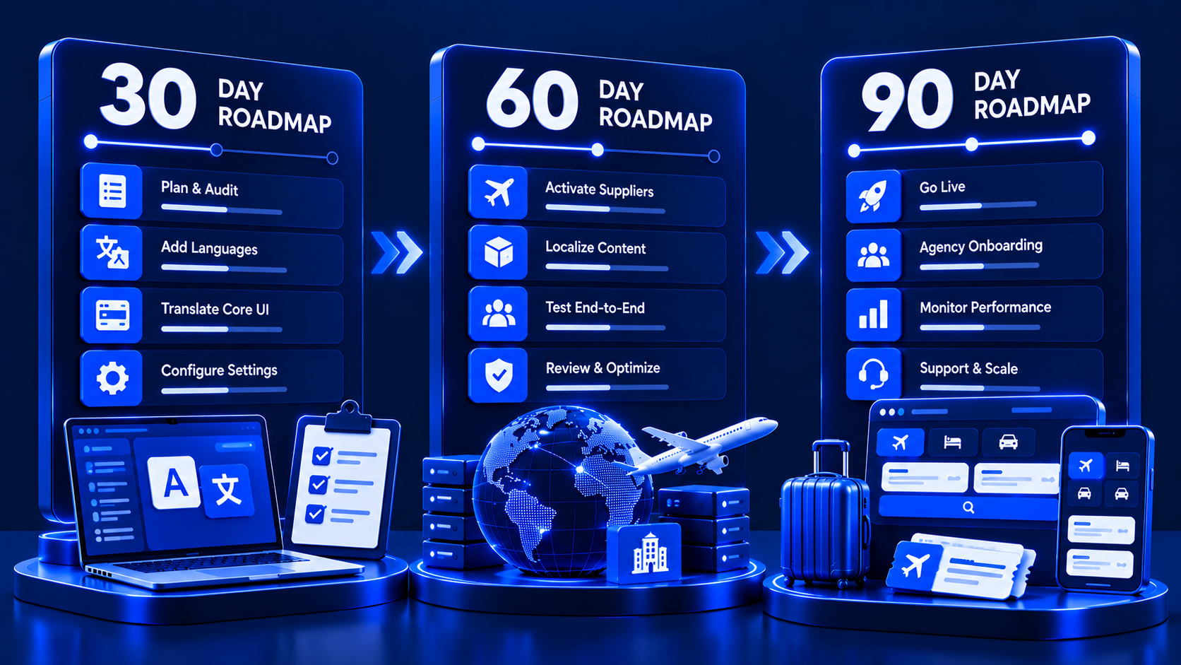 30 60 90 day roadmap cards for multilingual travel booking launch