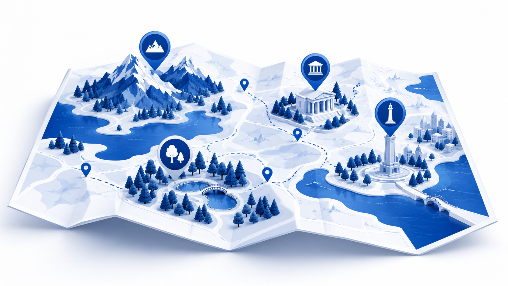 Map of destinations with pins marking different types of tourist attractions