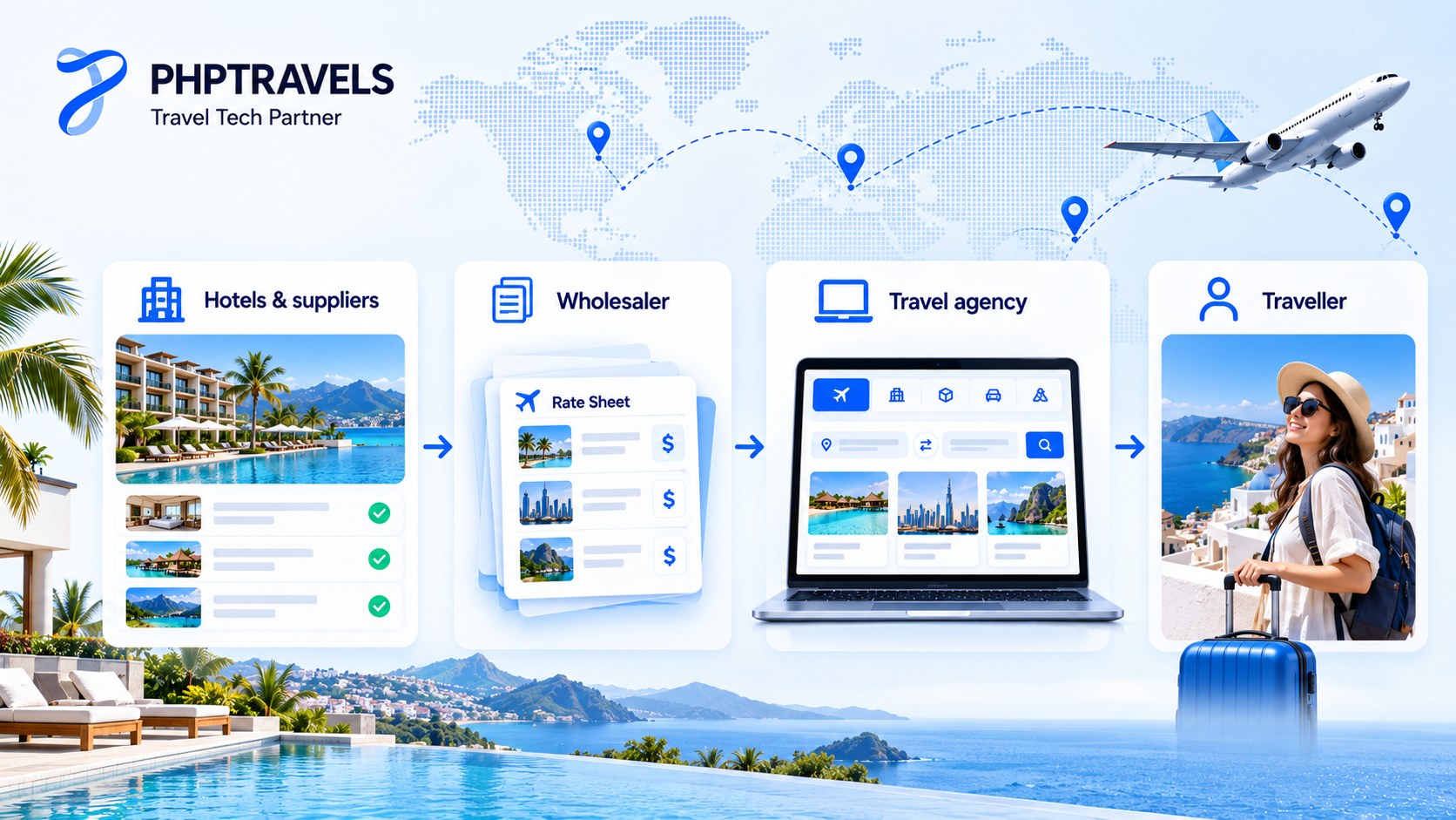 Travel supply chain from hotels and suppliers to wholesaler, travel agency and traveller