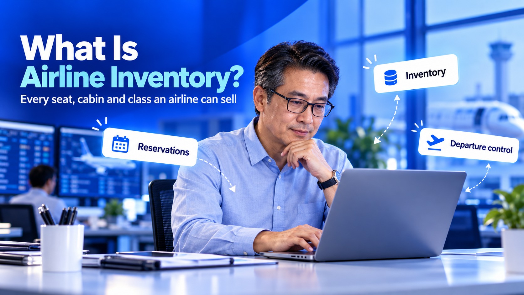 Airline operations specialist at a laptop with linked cards for reservations, inventory and departure control, the three parts of an airline passenger service system