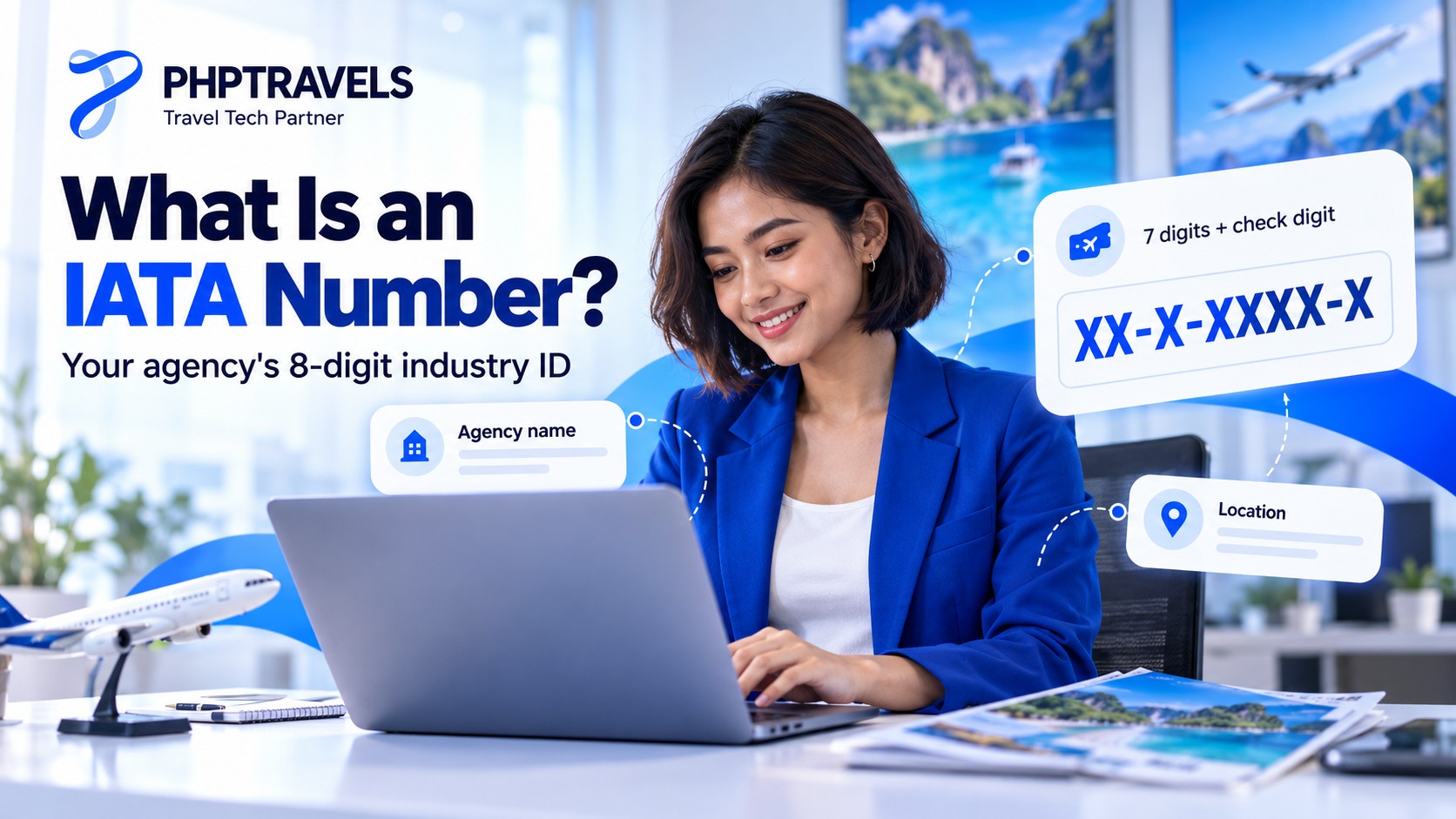 Travel consultant at a laptop with a card showing the IATA number format: seven digits plus a check digit