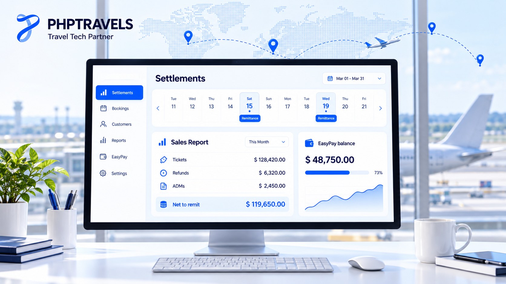 Airline ticket settlement dashboard with remittance dates, sales report and EasyPay balance