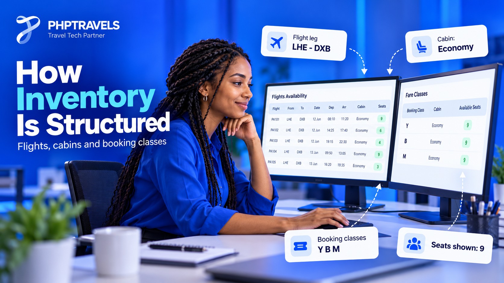 Analyst at two monitors showing a flight availability table broken down by flight leg, cabin and booking classes