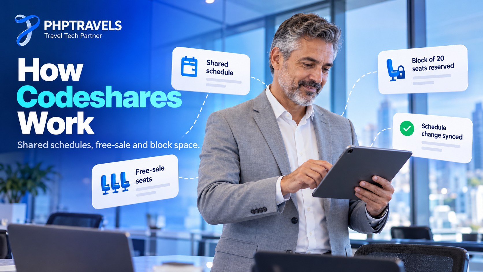 Man in a meeting room holding a tablet beside cards showing a shared flight schedule, free-sale seats and a block of reserved seats