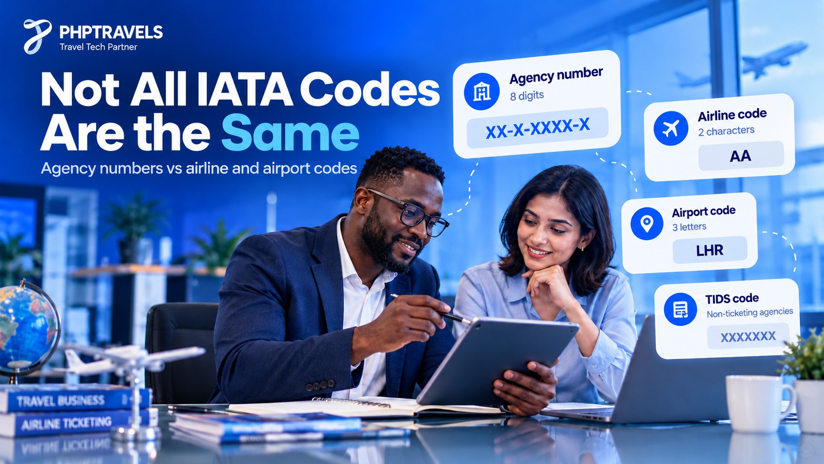 Two travel professionals comparing an agency IATA number with airline, airport and TIDS codes on a tablet