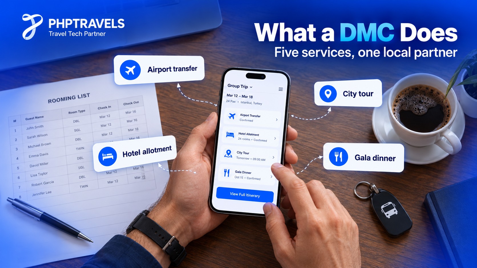DMC services: airport transfer, hotel, guided tour and event logistics in one programme