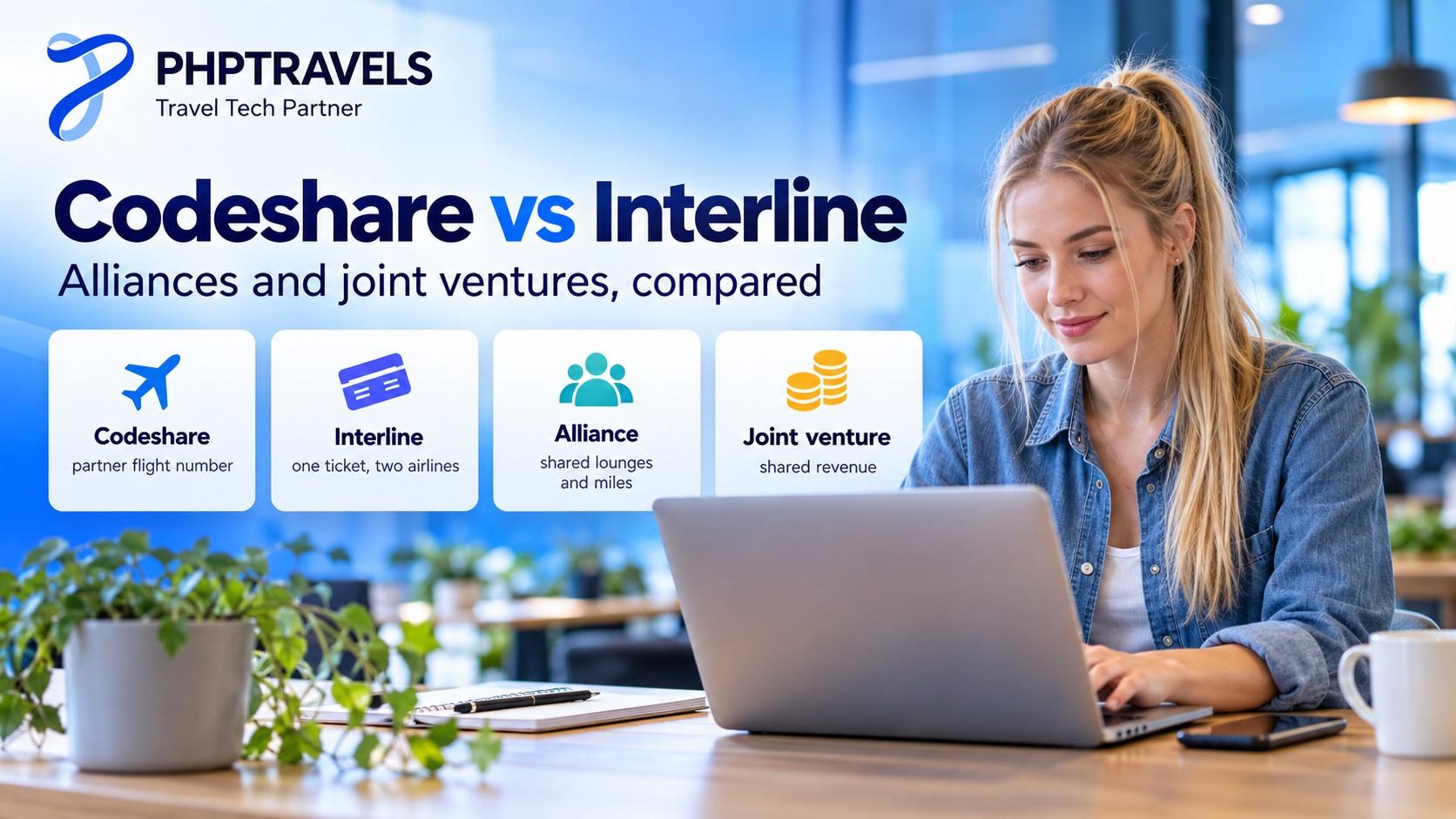 Young woman in a co-working space comparing cards for codeshare, interline, alliance and joint venture partnerships on a laptop