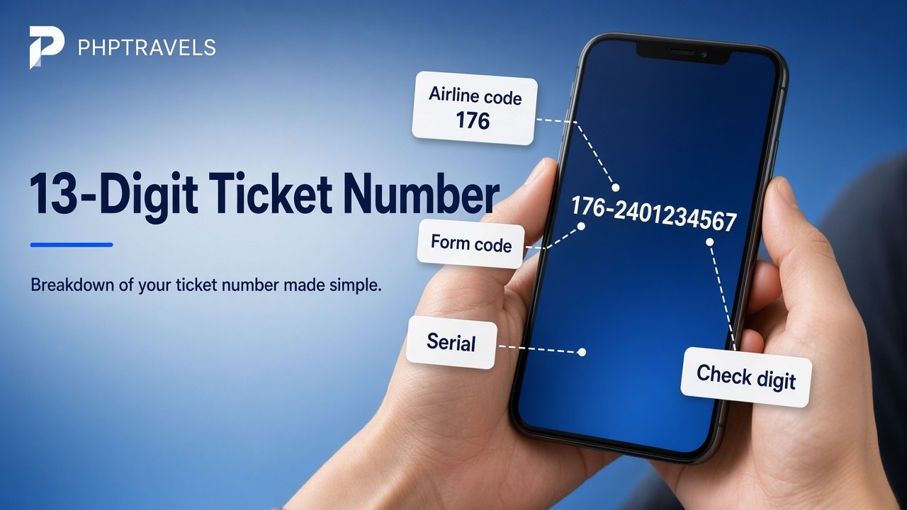 Breakdown of a 13-digit airline e-ticket number on a phone screen