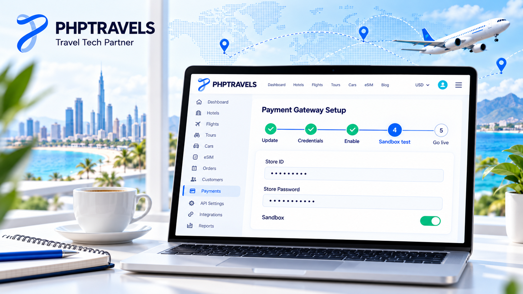 Five-step setup to enable SSLCommerz in PHPTRAVELS, from update to go live