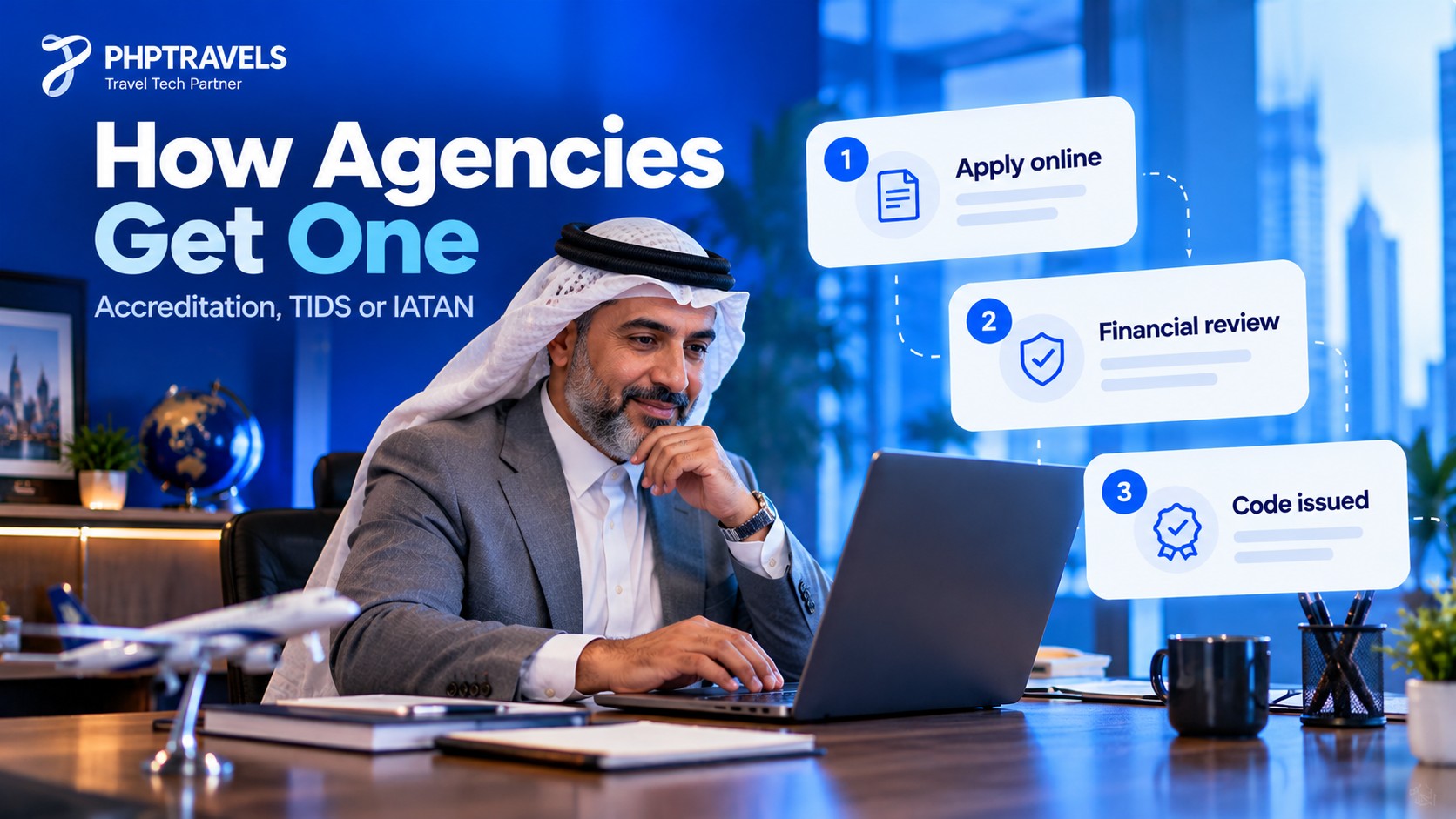 Travel agency owner applying online for an IATA number, with steps for applying, financial review and code issue