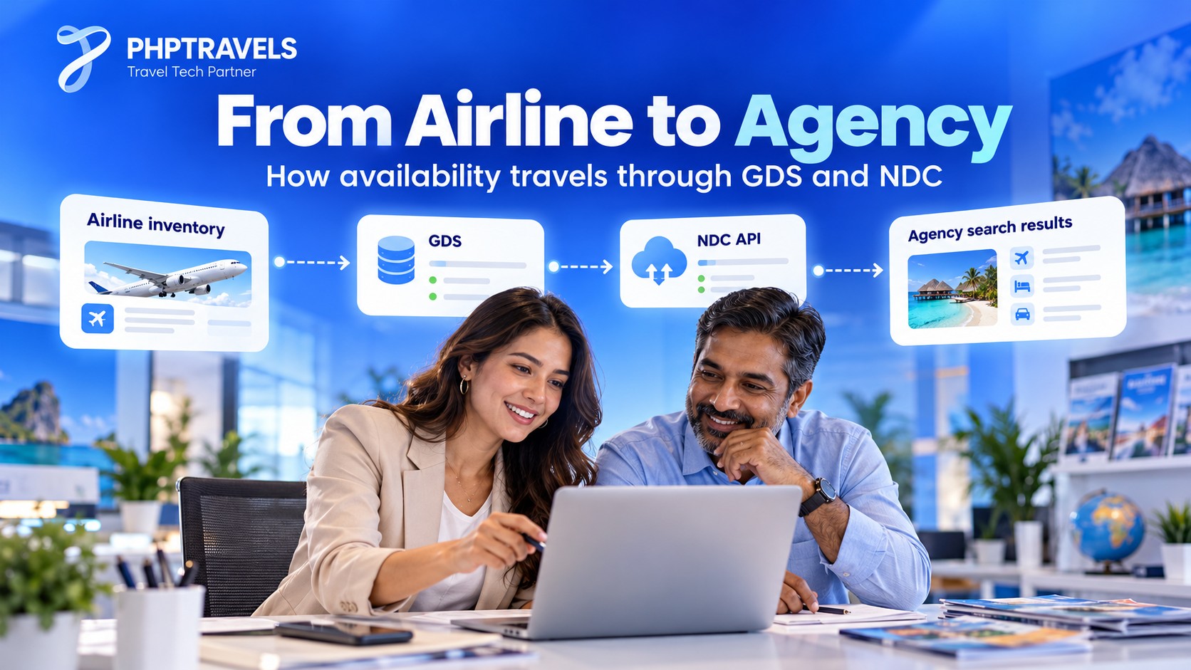 Two travel agents at a laptop with cards showing airline inventory flowing through a GDS and an NDC API into agency search results