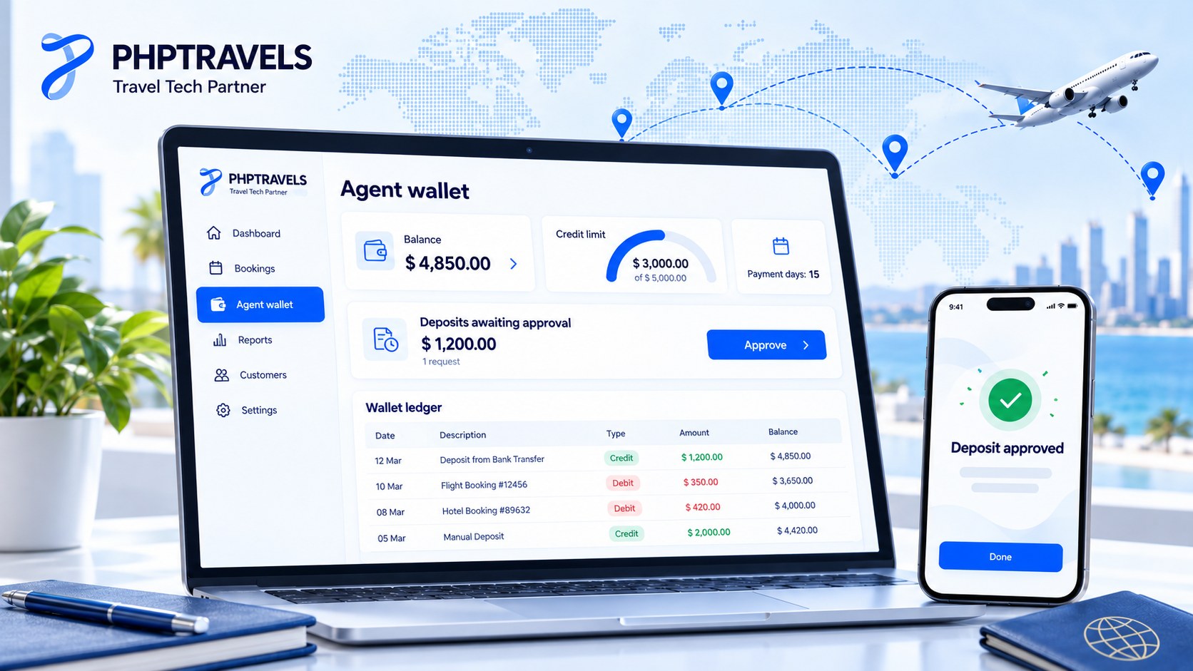 Agent wallet screen with deposits awaiting approval, credit limit and ledger