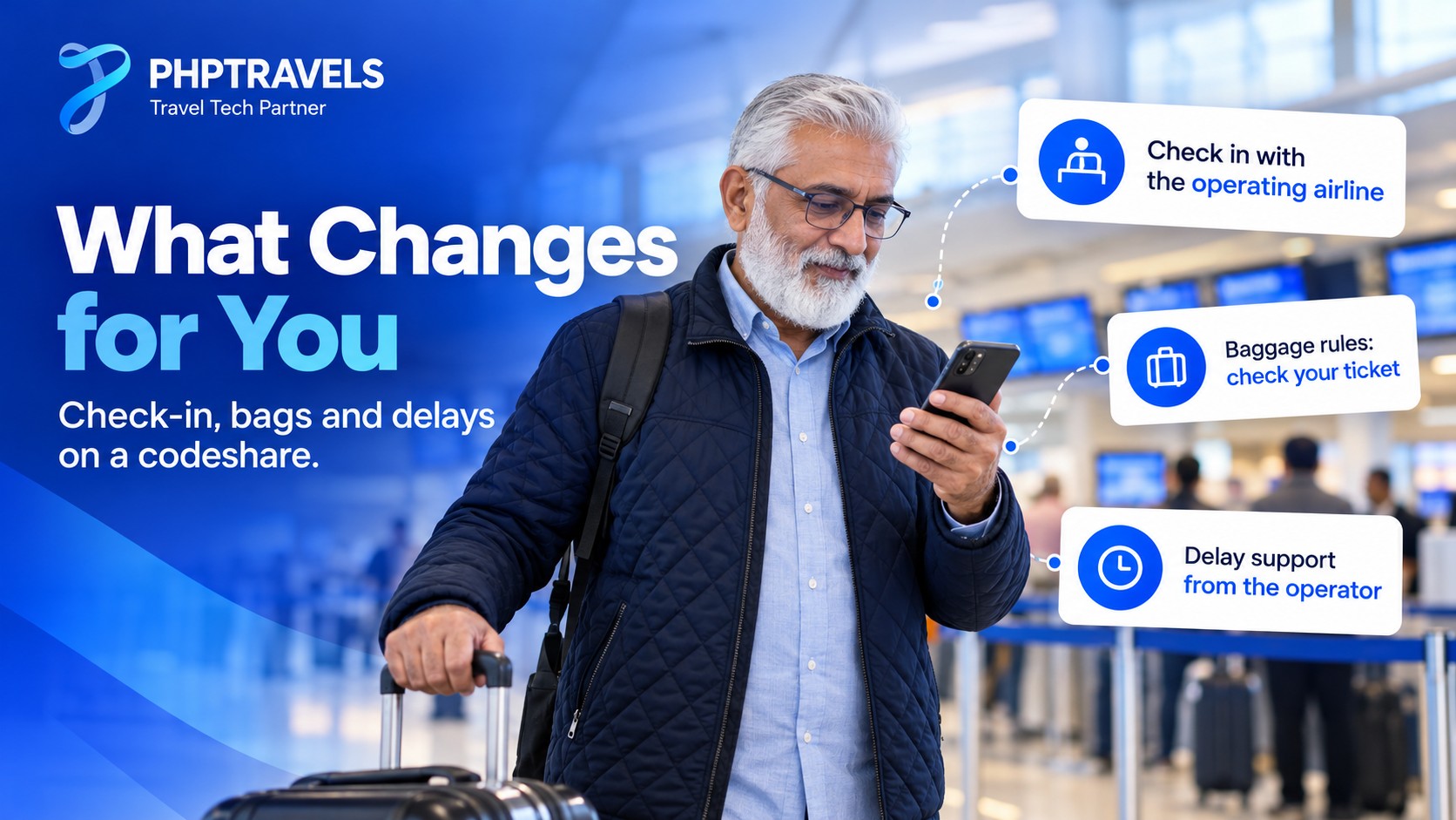Older traveller in an airport check-in hall reading his phone beside cards for check-in with the operating airline, baggage rules and delay support
