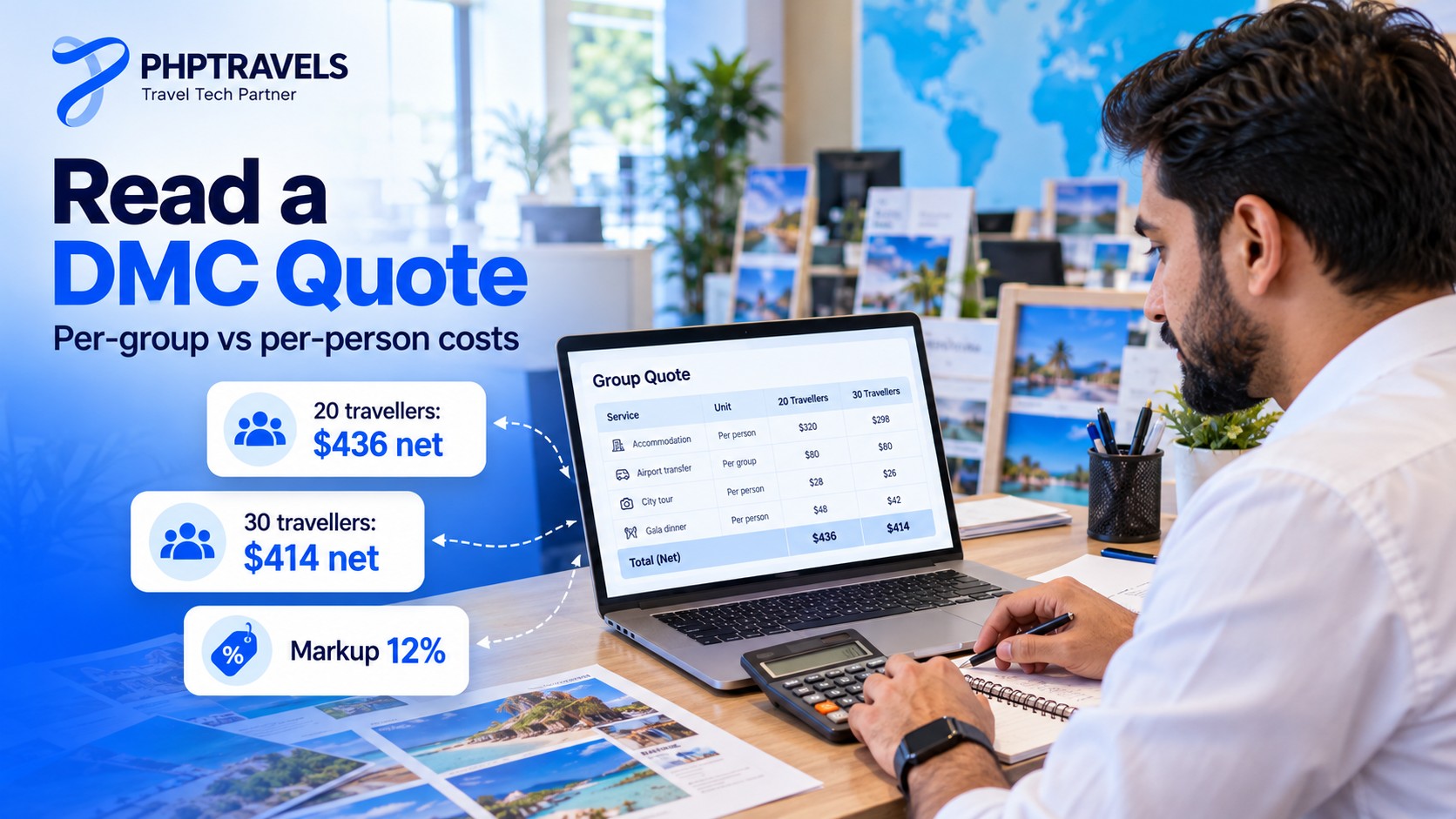 Travel agent reviewing a DMC group quote with per-group and per-person costs