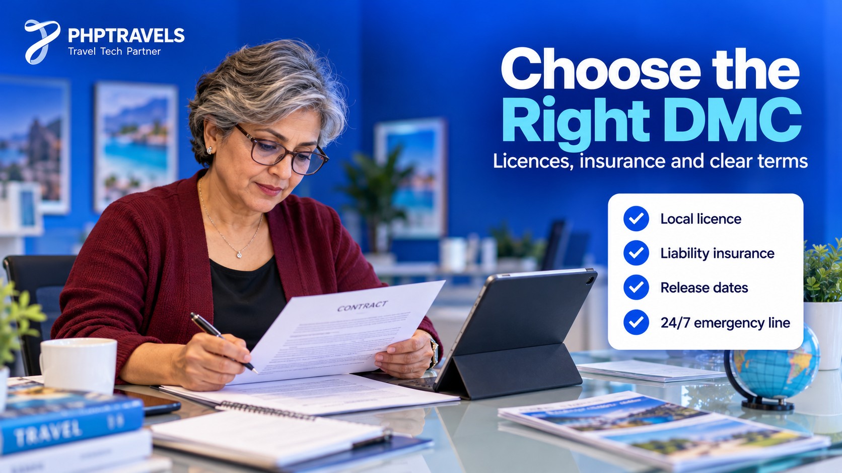 Agency manager checking a DMC partner's licence, insurance and contract terms
