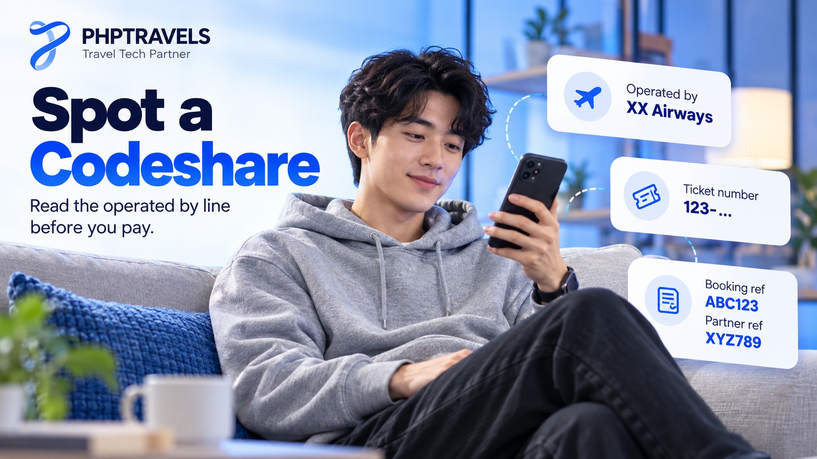 Young man on a sofa checking a flight booking on his phone beside cards showing an operated by line, a ticket number prefix and two booking references