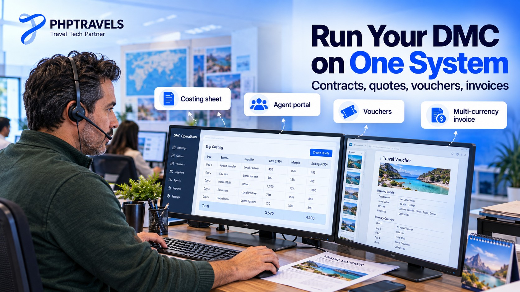 DMC operations manager using destination management software for costing and vouchers