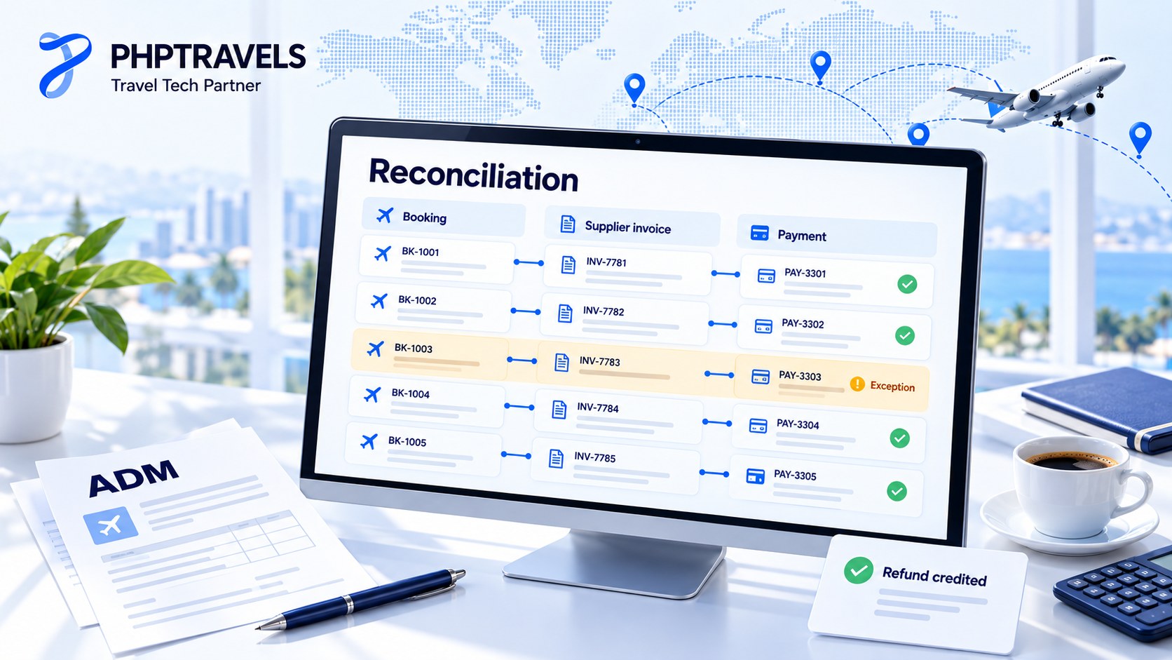 Three-way reconciliation of bookings, supplier invoices and payments with an exception queue