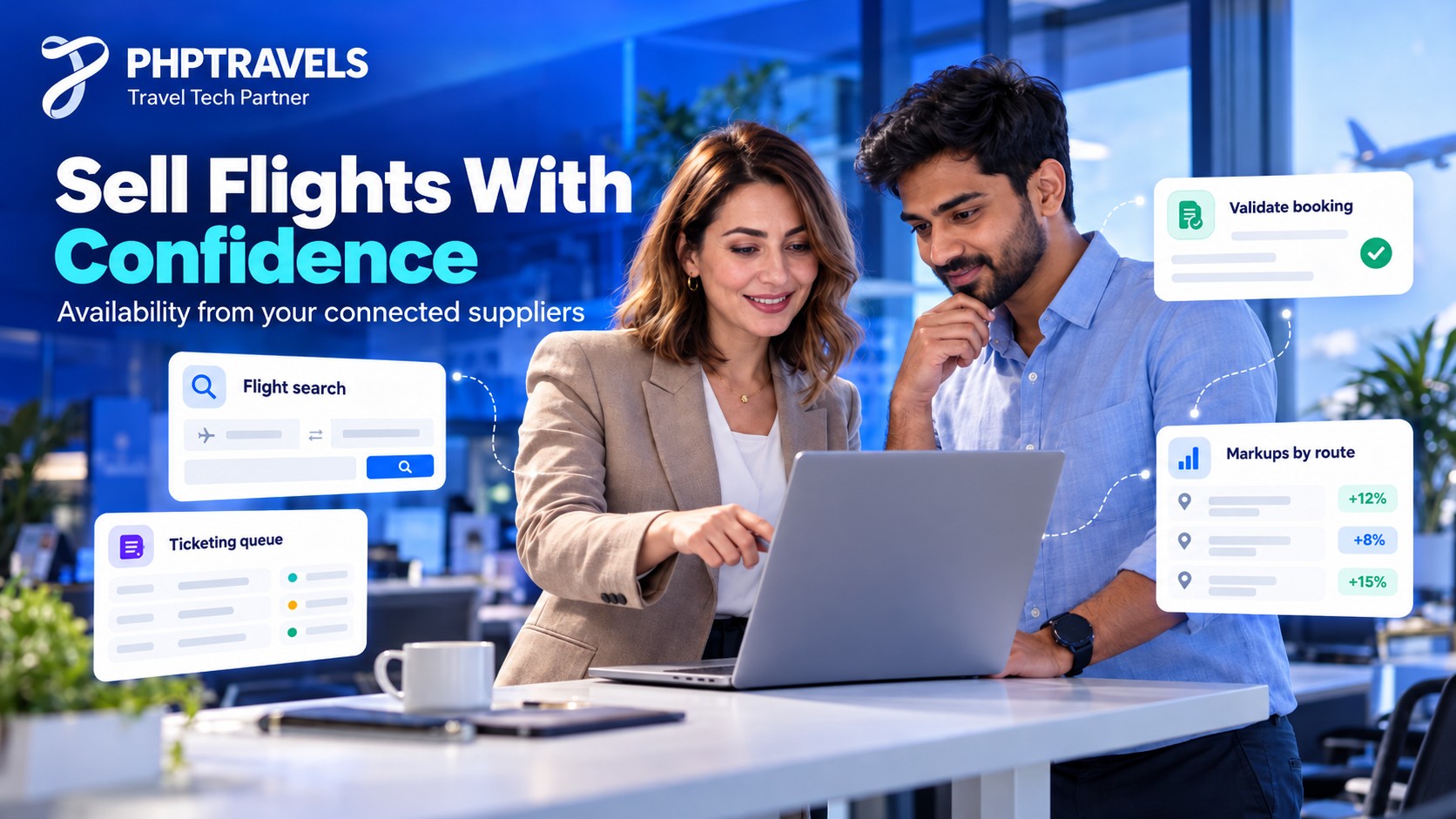 Two co-founders at a standing desk using a flight booking admin dashboard for flight search, booking validation, ticketing queue and route markups