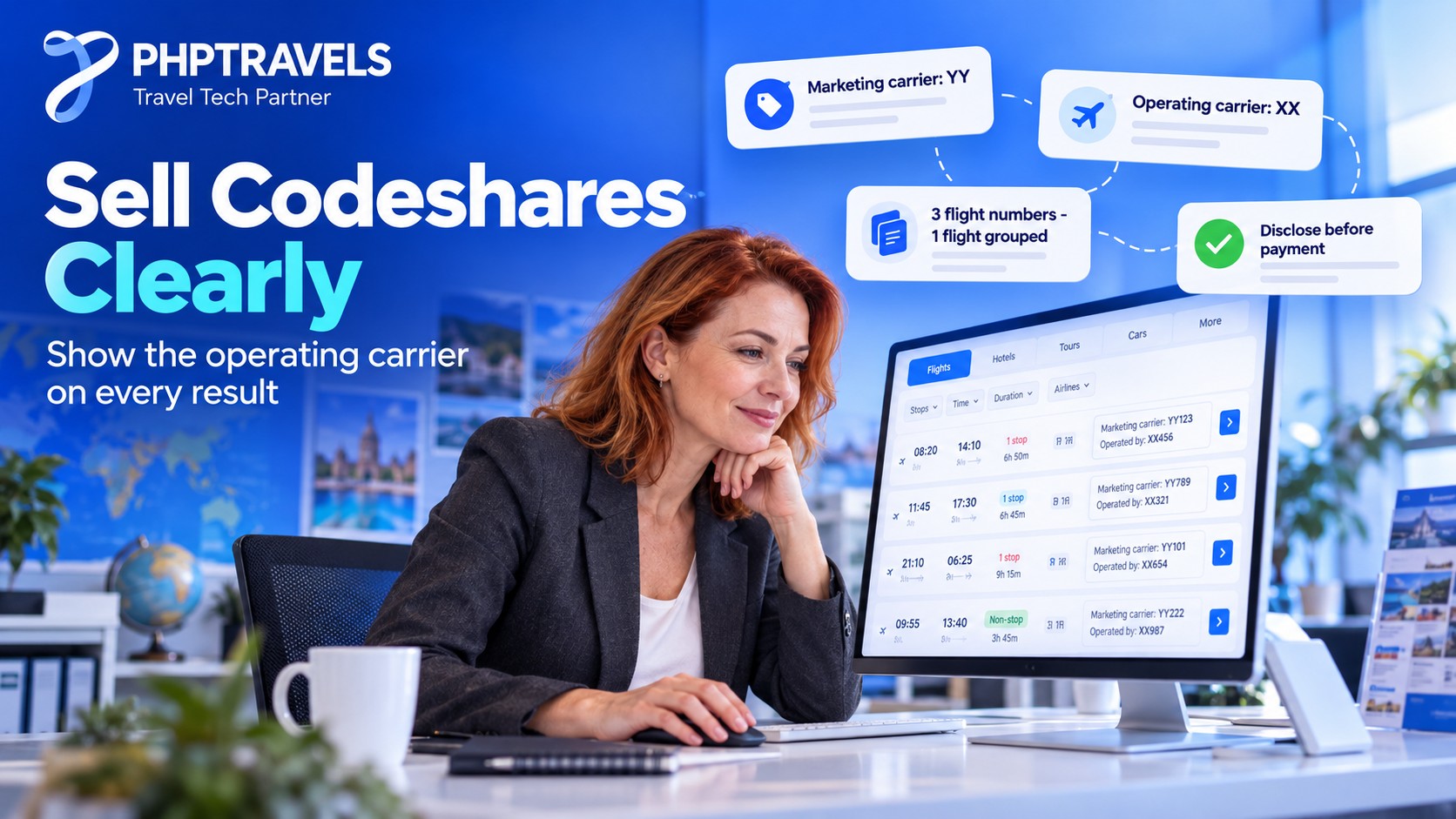 Travel agency owner at a desktop screen showing flight results with an operated by line, marketing and operating carrier fields and grouped flight numbers