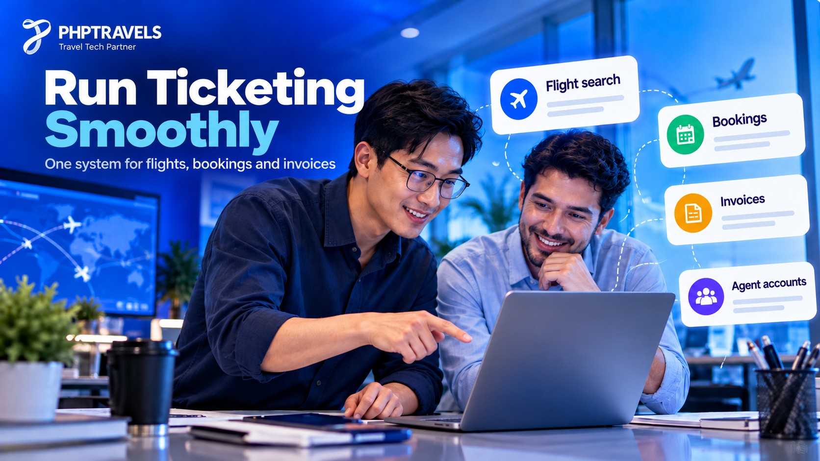 Two agency co-founders using a flight booking dashboard to manage flight search, bookings, invoices and agent accounts