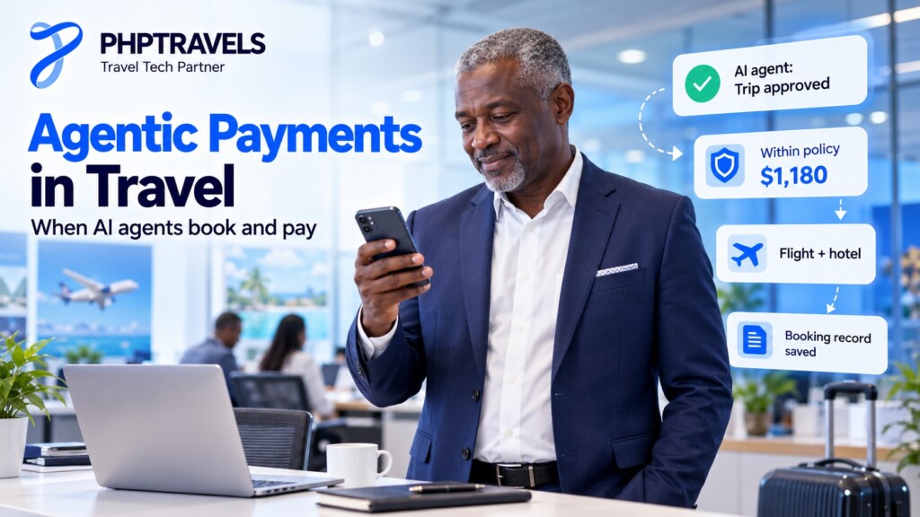 Corporate travel manager in an office holding a phone that shows an AI agent trip approval within travel policy