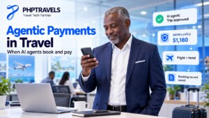 Corporate travel manager in an office holding a phone that shows an AI agent trip approval within travel policy