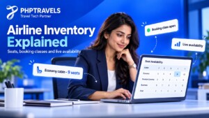 Airline revenue analyst at a laptop with a seat availability table and cards for economy cabin seats, an open booking class and live availability