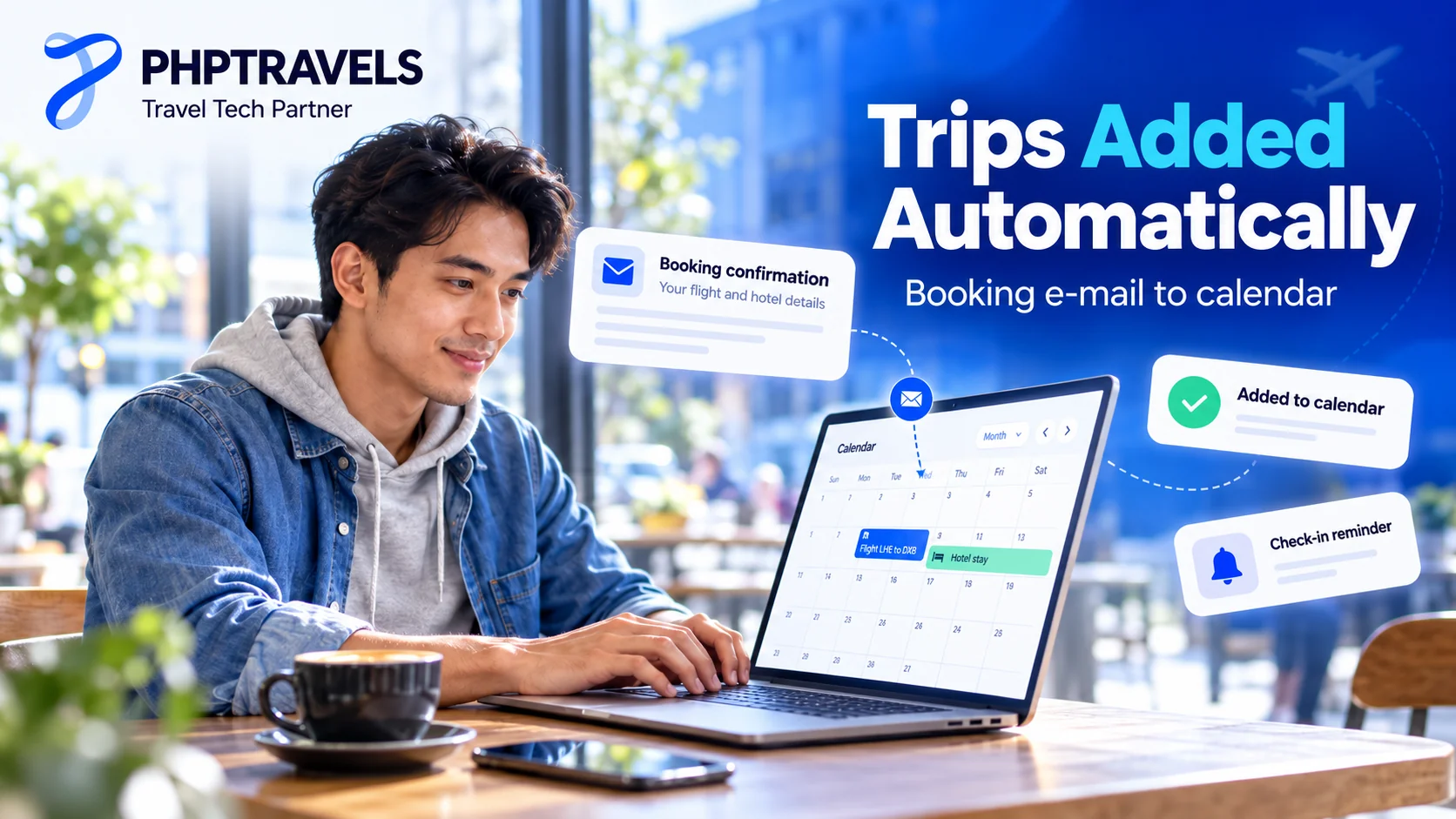 Flight and hotel bookings added automatically to the calendar from a booking e-mail