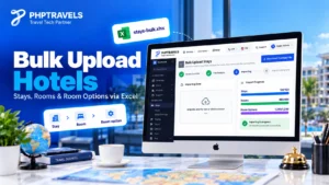 Bulk upload hotels via Excel in PHPTRAVELS: iMac showing the Bulk Upload Stays screen