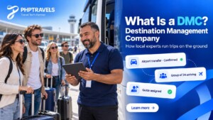 Destination management company coordinator with a tablet greeting a travel group beside a tour coach