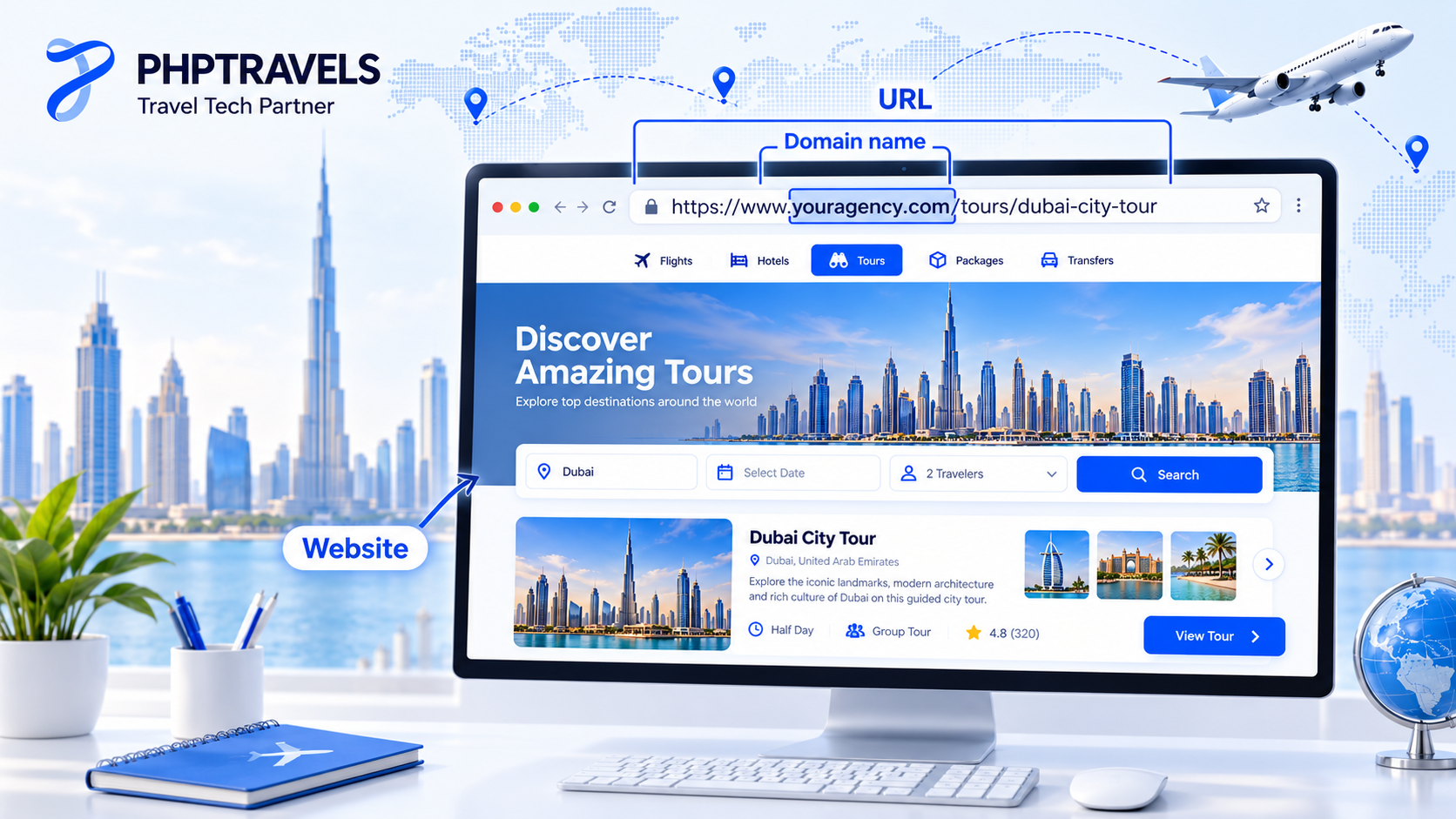 Difference between a website, a URL and domain names shown on a travel agency browser address bar