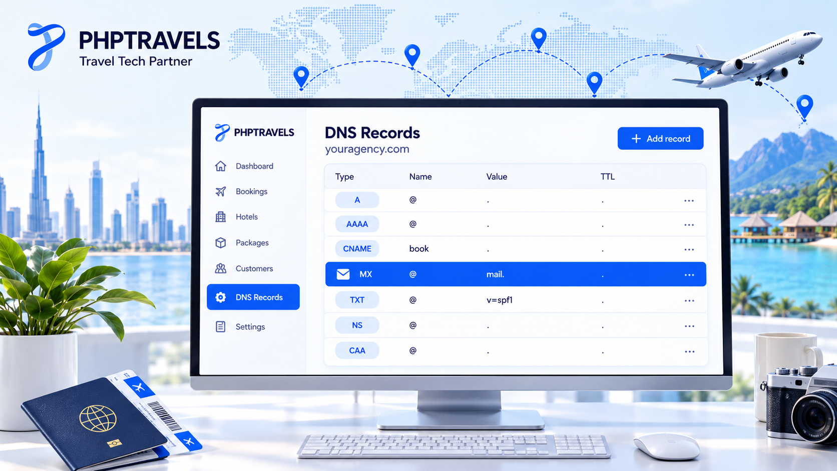 DNS records table with A, AAAA, CNAME, MX, TXT, NS and CAA entries for a travel agency domain