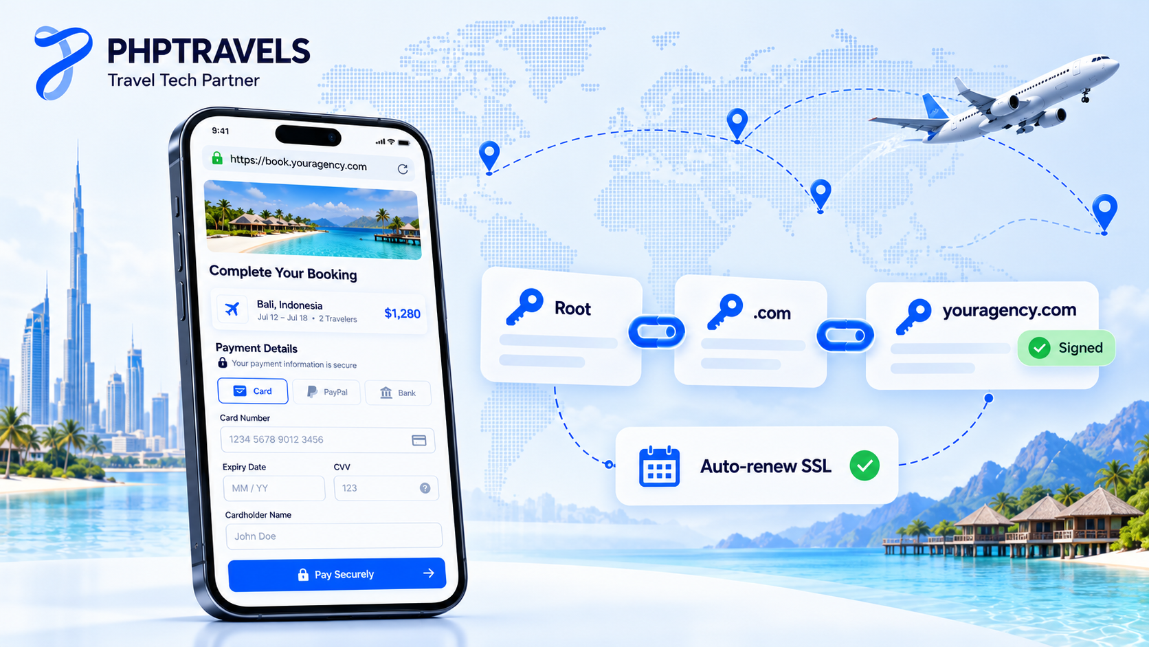 DNSSEC chain of trust and HTTPS padlock protecting a travel booking checkout