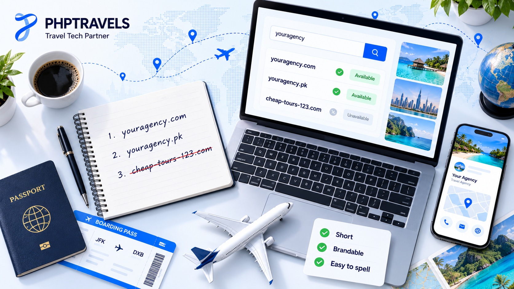Choosing domain names for a travel agency: brandable .com and .pk options on a founder's desk