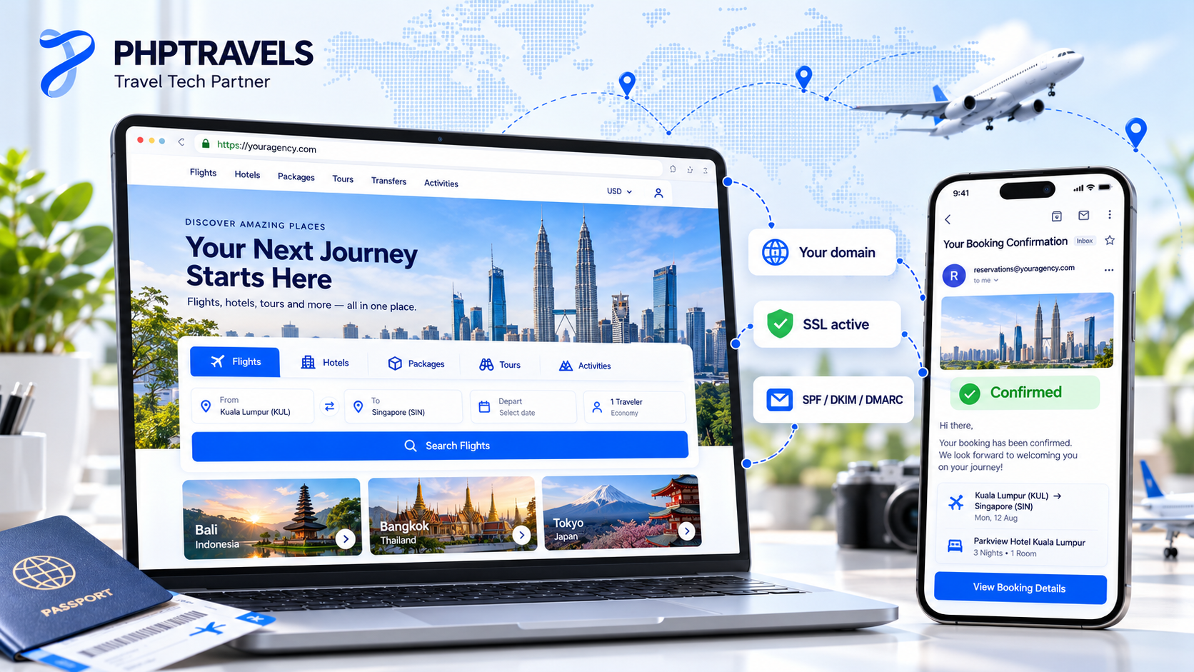 Travel booking website and booking emails running on the agency's own domain with PHPTRAVELS