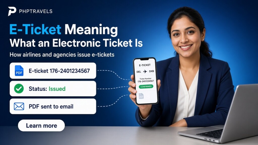 E-ticket meaning: airline electronic ticket with ticket number, issued status and email PDF