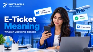 E-ticket meaning: airline electronic ticket with ticket number, issued status and email PDF