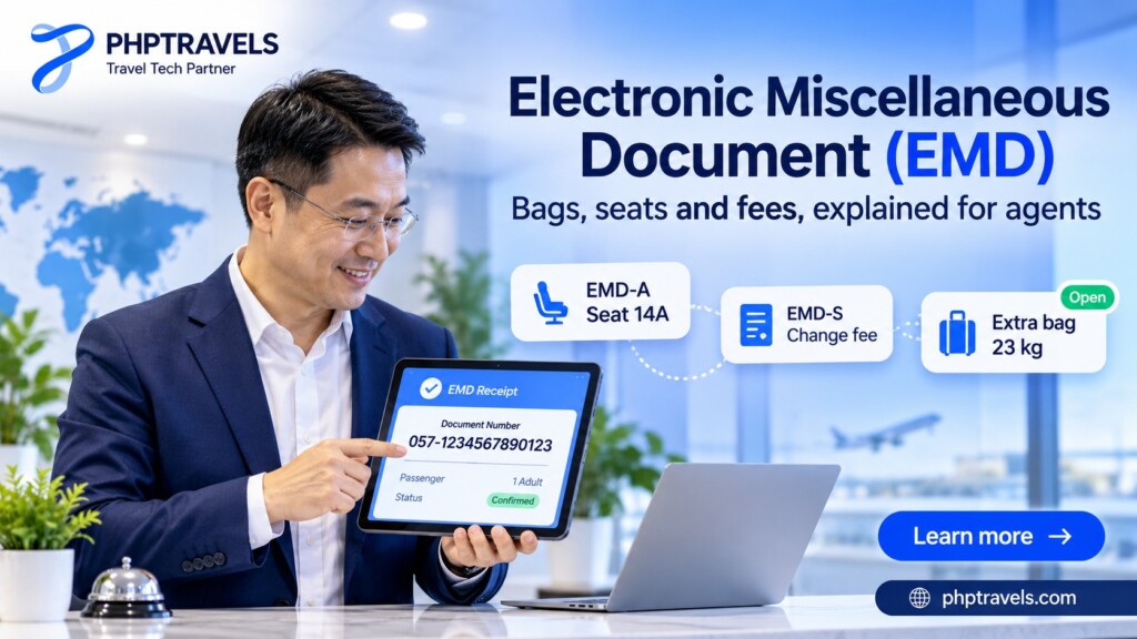 Travel agent at an agency ticketing counter showing a tablet with an airline EMD receipt and document number, with cards for an EMD-A seat, an EMD-S change fee and an extra bag