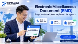Travel agent at an agency ticketing counter showing a tablet with an airline EMD receipt and document number, with cards for an EMD-A seat, an EMD-S change fee and an extra bag