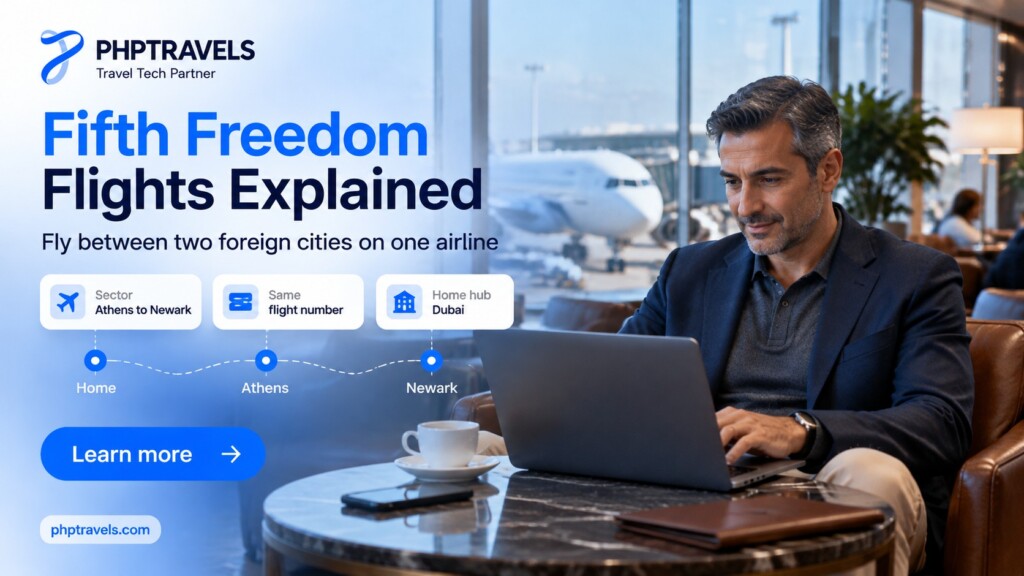 Business traveller in an airport lounge checking a fifth freedom flight from Athens to Newark on a laptop, with cards showing the sector, the same flight number and the home hub