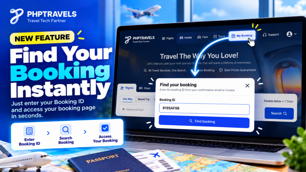PHPTRAVELS Find Your Booking feature showing My Booking header link and Booking ID search popup