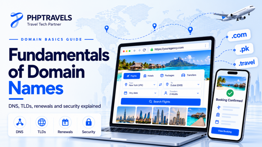Fundamentals of domain names guide by PHPTRAVELS covering DNS, TLDs, renewals and security