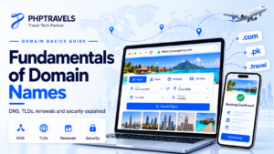 Fundamentals of domain names guide by PHPTRAVELS covering DNS, TLDs, renewals and security